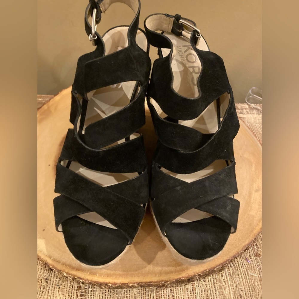 KORS MICHAEL KORS CYNTHIA Black Suede Designer Wedge‎ Platform Sandal 10M 265$ - Picture 5 of 7